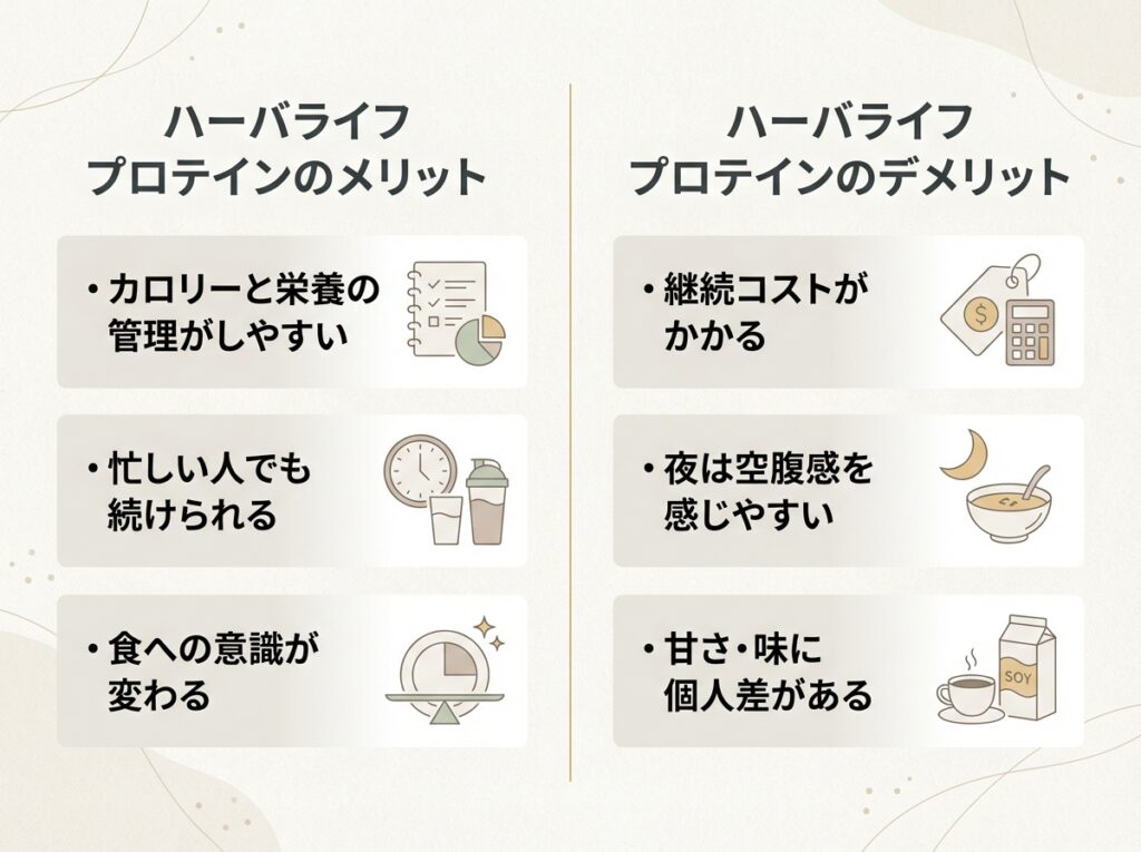 ハーバライフ フォーミュラ1プロテインのメリット（栄養管理・続けやすさ）とデメリット（コスト・空腹感）を比較