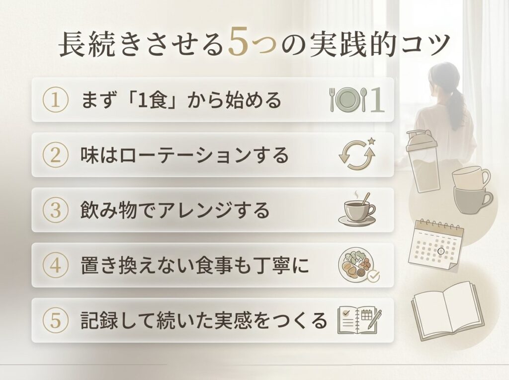 1食から始める・味をローテーションするなど、置き換えダイエットを長続きさせる5つのコツ