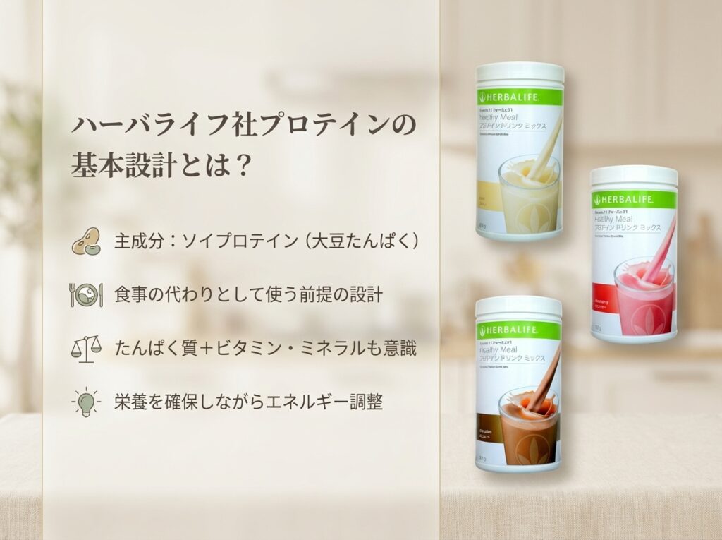 フォーミュラ1プロテイン3種類のパッケージと、ソイプロテイン・食事置き換え・栄養バランス設計