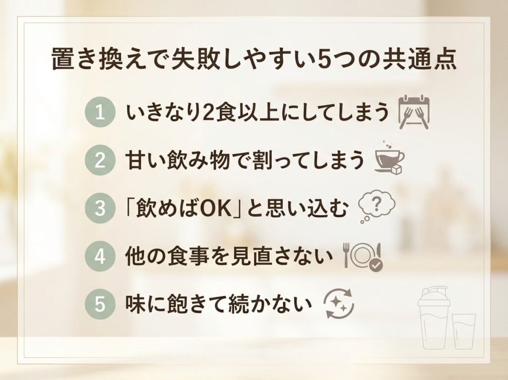 いきなり2食置き換え・甘い飲み物で割るなど、プロテイン置き換えダイエットの失敗例