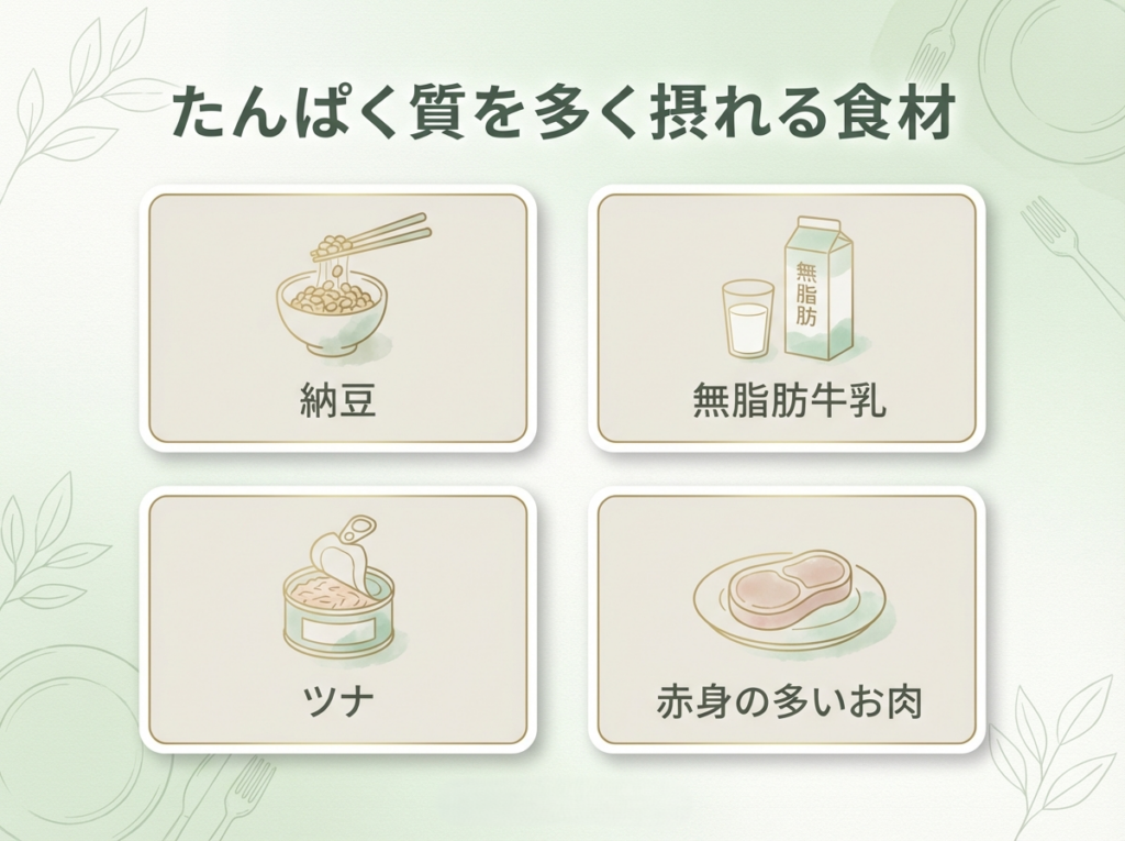 納豆・無脂肪牛乳・ツナ・赤身の多い肉など、たんぱく質を多く摂れる食材まとめ