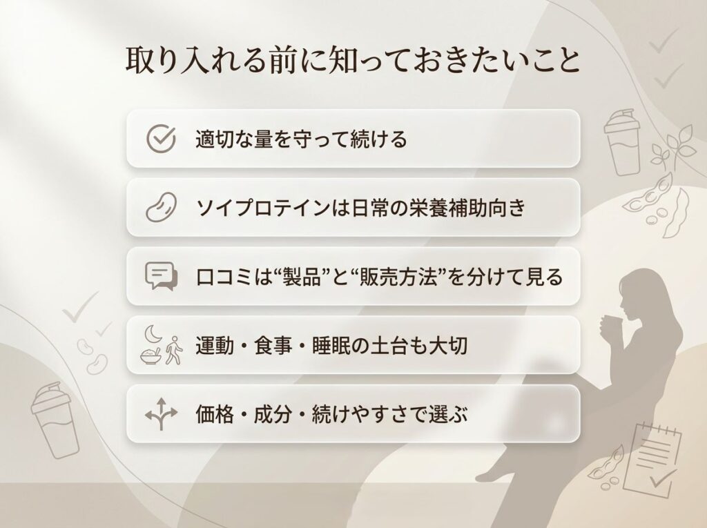 ソイプロテインを取り入れる前に知っておきたいポイントとして、適量・口コミの見方・生活習慣・価格や成分の選び方をまとめた図