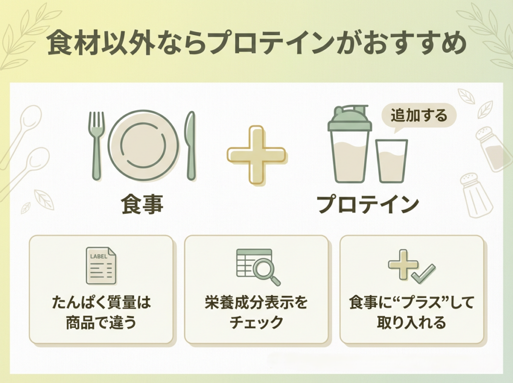 食事にプロテインを追加してたんぱく質を補う考え方と、栄養成分表示を確認するポイント