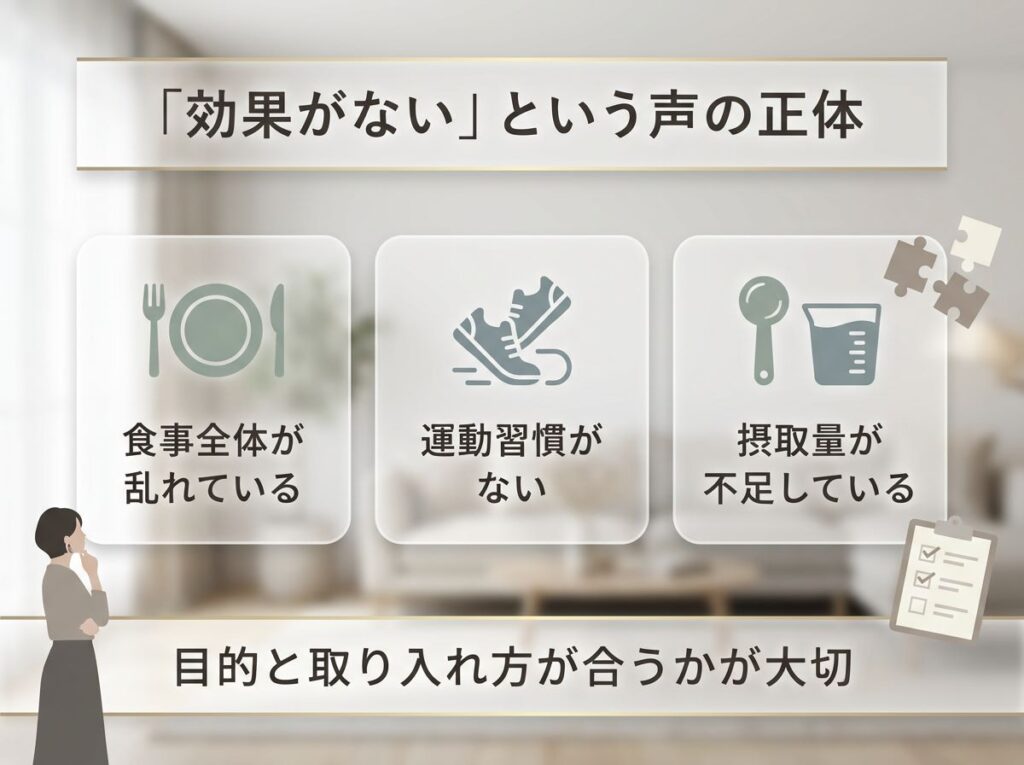 プロテインやサプリメントが「効果がない」と感じる理由として、食事バランス・運動習慣・摂取量の不足を解説した図