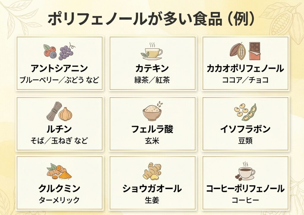 ブルーベリー、緑茶、ココア、そば、玄米、豆類などポリフェノールが多い食品を一覧で紹介