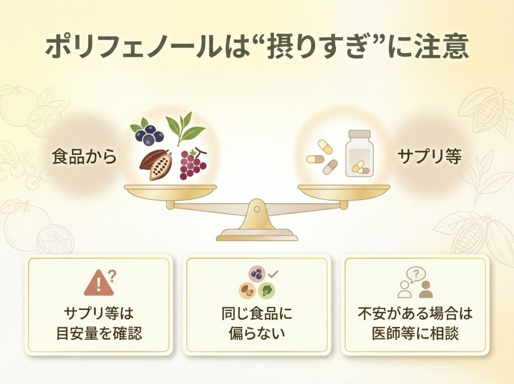 ポリフェノールを摂り過ぎないため食品とサプリのバランス、目安量確認、同じ食品に偏らないように注意