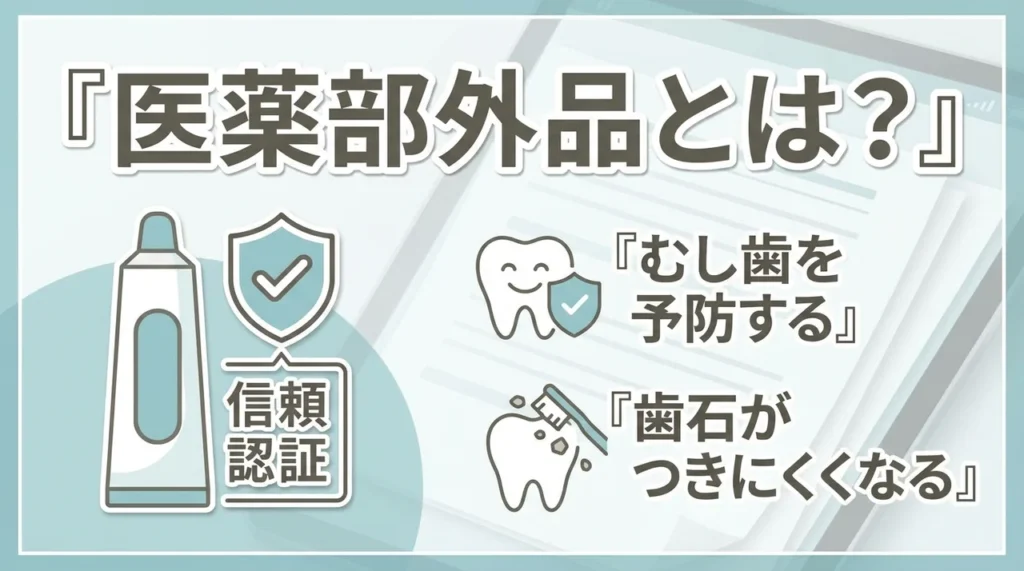 医薬部外品の歯磨き粉について、信頼認証・むし歯予防・歯石がつきにくくなる特徴を説明した図解