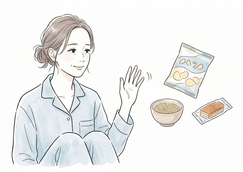 寝ている間は唾液の分泌が減りむし歯になりやすい環境になるため、夜の歯磨きを丁寧に行い、歯磨き後は飲食を避けることを説明する画像