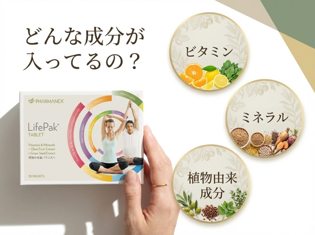 ニュースキン　ライフパックタブレットの成分イメージ画像。ビタミン、ミネラル、植物由来成分をイラストやアイコンで整理