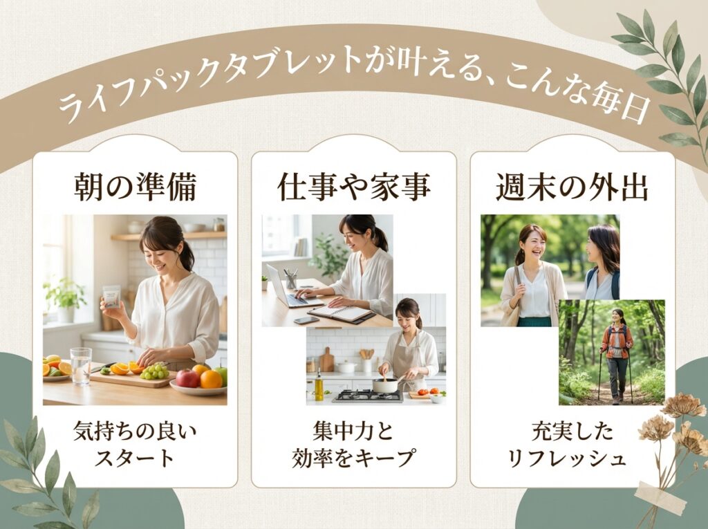 ニュースキン　ライフパックタブレットを習慣にする生活イメージ画像。朝の支度、仕事や家事、外出など前向きな毎日を表現