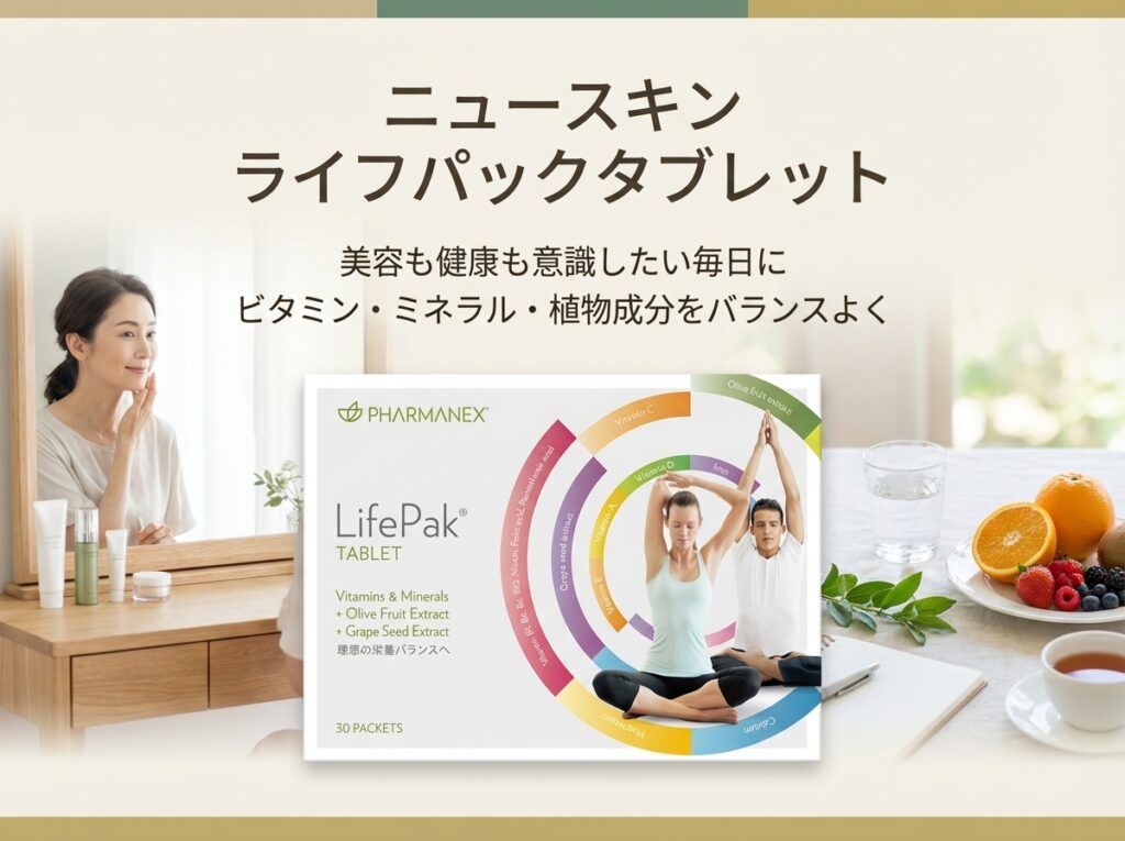 ニュースキン　ライフパックタブレットのパッケージ。美容と健康を意識した毎日の栄養習慣をイメージ