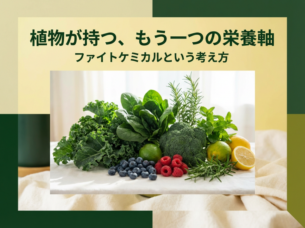 ファイトケミカルが野菜や果物、ハーブに含まれる色素や香り、苦味の成分であることを説明するイメージ画像