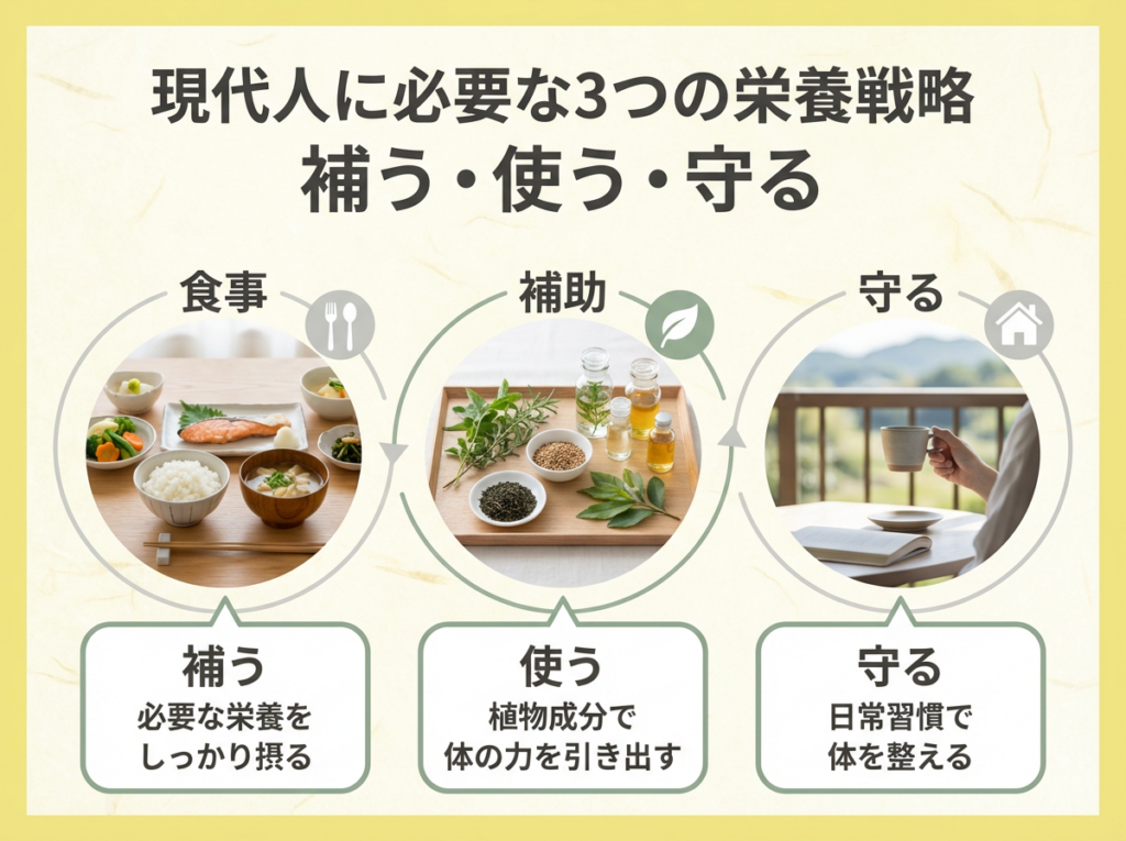 食事・植物成分・生活習慣の3つの視点から現代人の栄養戦略「補う・使う・守る」を説明し
