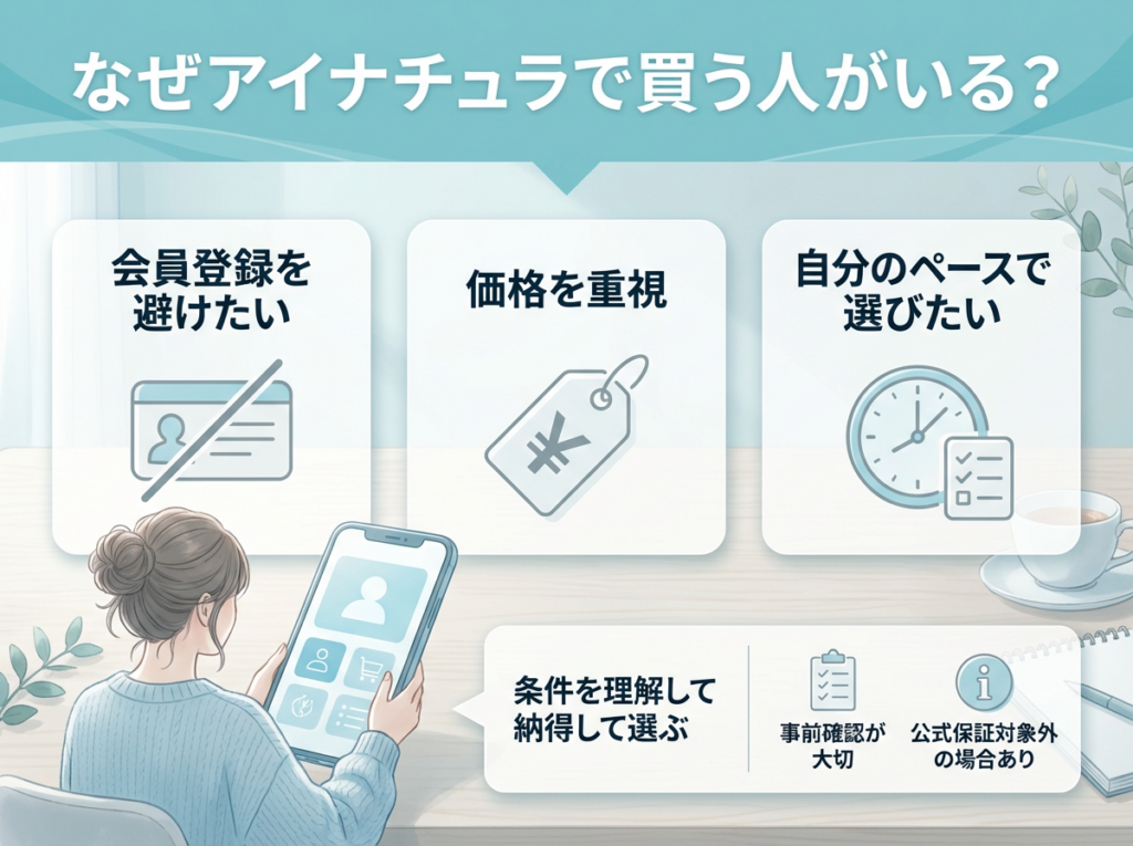 アイナチュラでニュースキンを購入する理由を説明する図解。会員登録を避けたい人、価格重視の人、自分のペースで商品を選びたい人が選択肢として利用していることを示している。