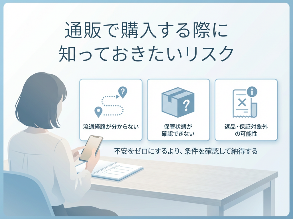 ニュースキンを通販で購入する際の注意点を説明する図解。流通経路不明、保管状態の確認不可、返品・保証対象外の可能性といったリスクが示されている。