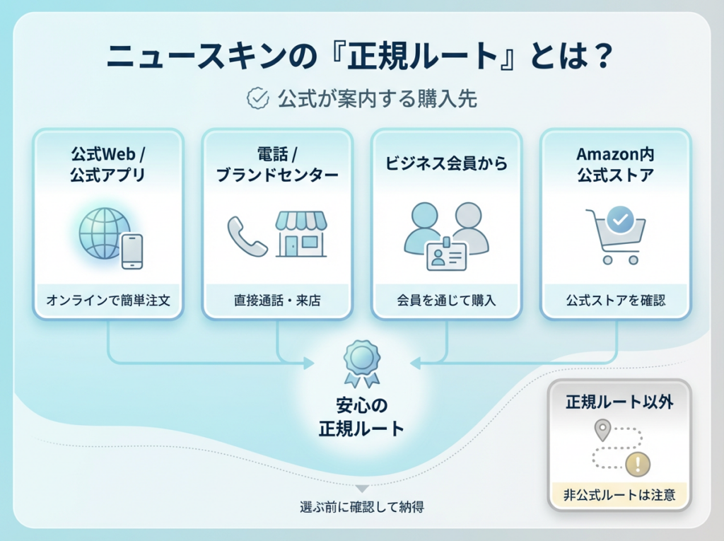 ニュースキンを通販で購入する際の注意点を説明する図解。流通経路不明、保管状態の確認不可、返品・保証対象外の可能性といったリスクが示されている。