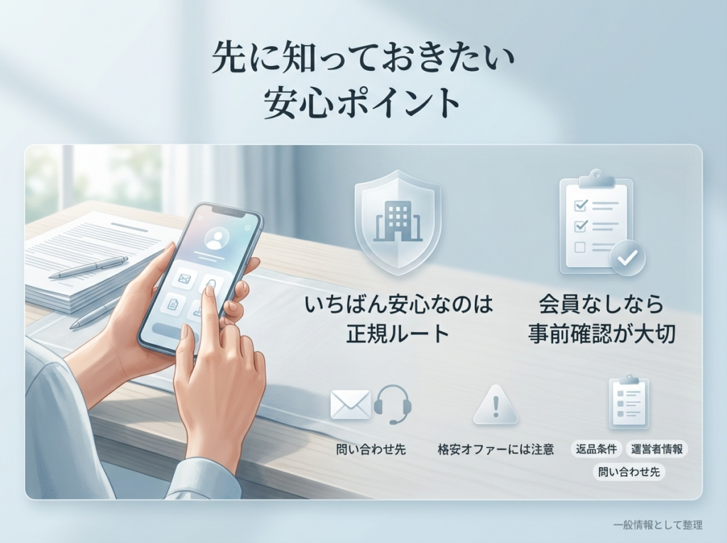 ニュースキン通販の安全性について解説するイメージ。正規ルートが最も安心で、会員登録をせずに購入する場合は、返品条件・運営者情報・問い合わせ先の確認が大切であることを示している。