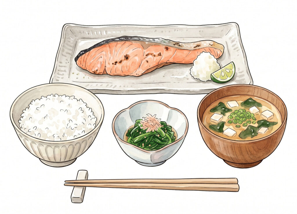 夜は主食・主菜・副菜を意識する食事例として焼き魚定食を描いたイラスト
