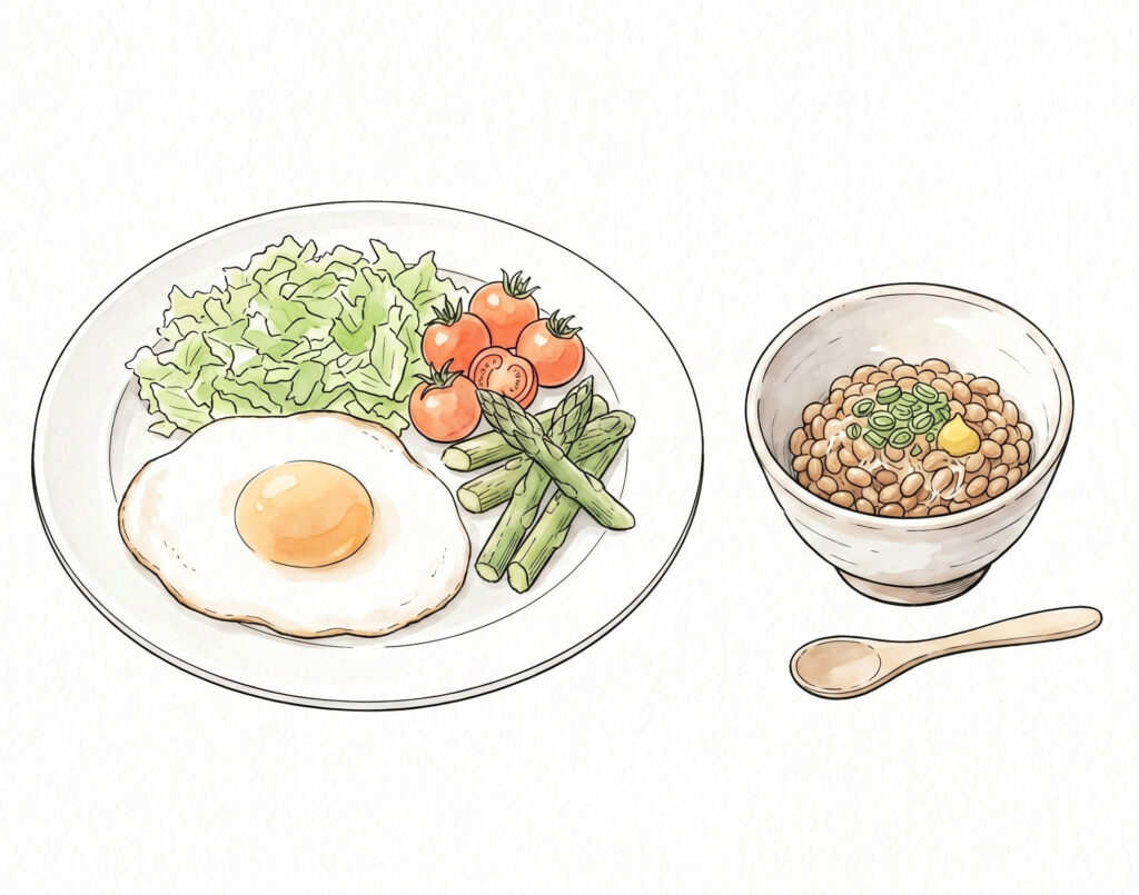 朝食に卵や納豆などのたんぱく質を足す食事改善例を示したイラスト