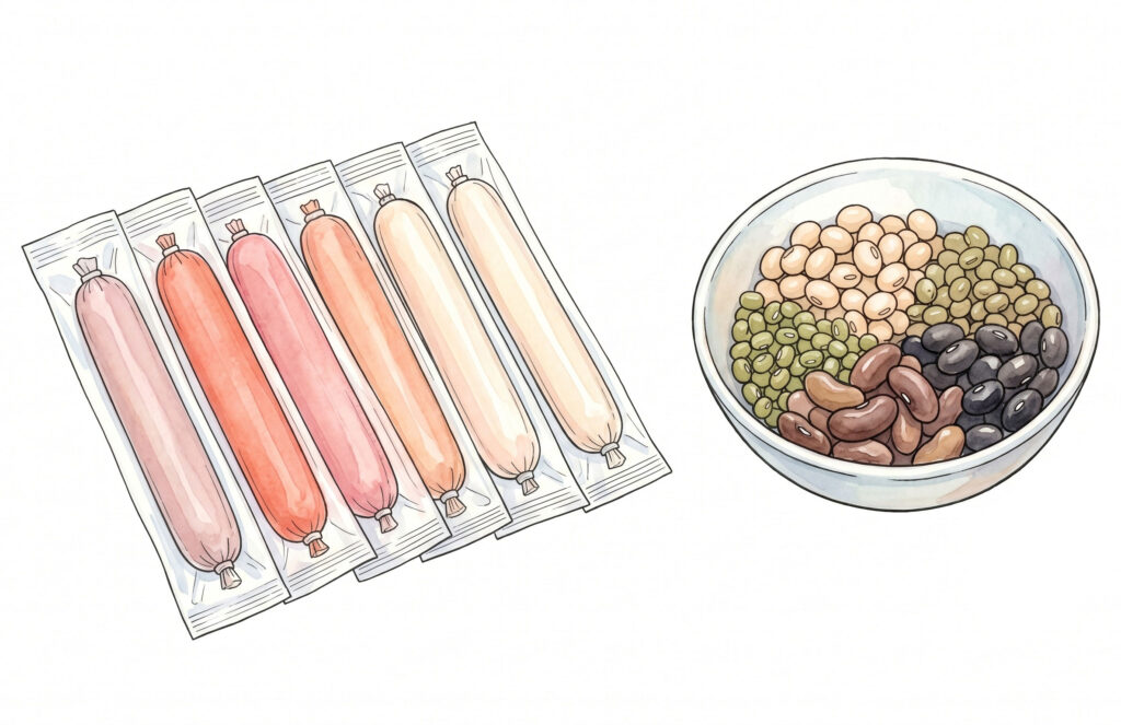 週に数回は魚や豆類を取り入れる食事例として魚肉ソーセージと豆類を描いたイラスト