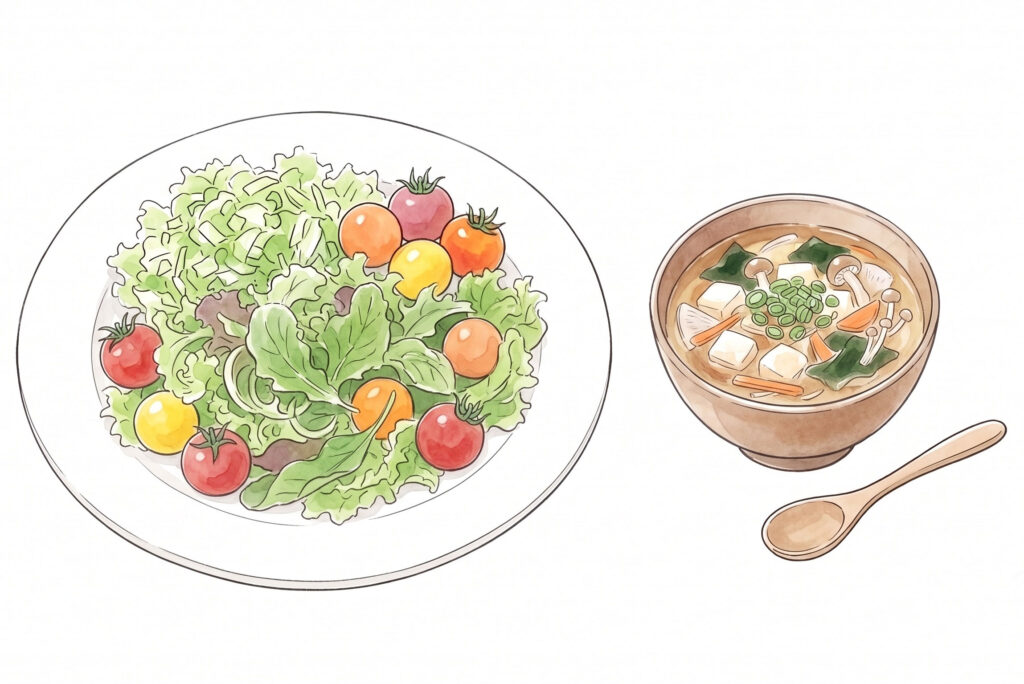 昼食にサラダや具だくさんの味噌汁を選ぶ食事改善例を示したイラスト