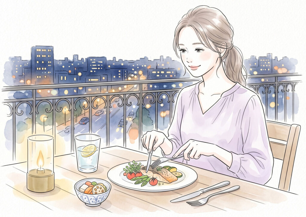 外食やコンビニ食が多い方をイメージした夜の食卓で食事をする女性のイラスト