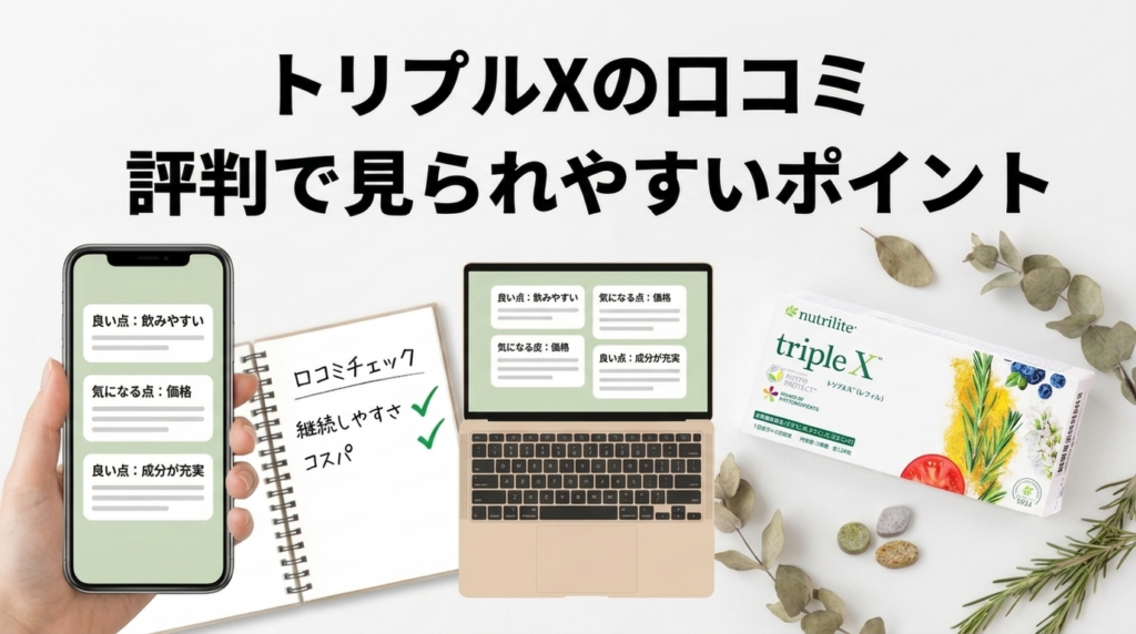 アムウェイ トリプルXの口コミや評判で見られやすいポイントをスマホ・ノート・パソコンで整理した図解