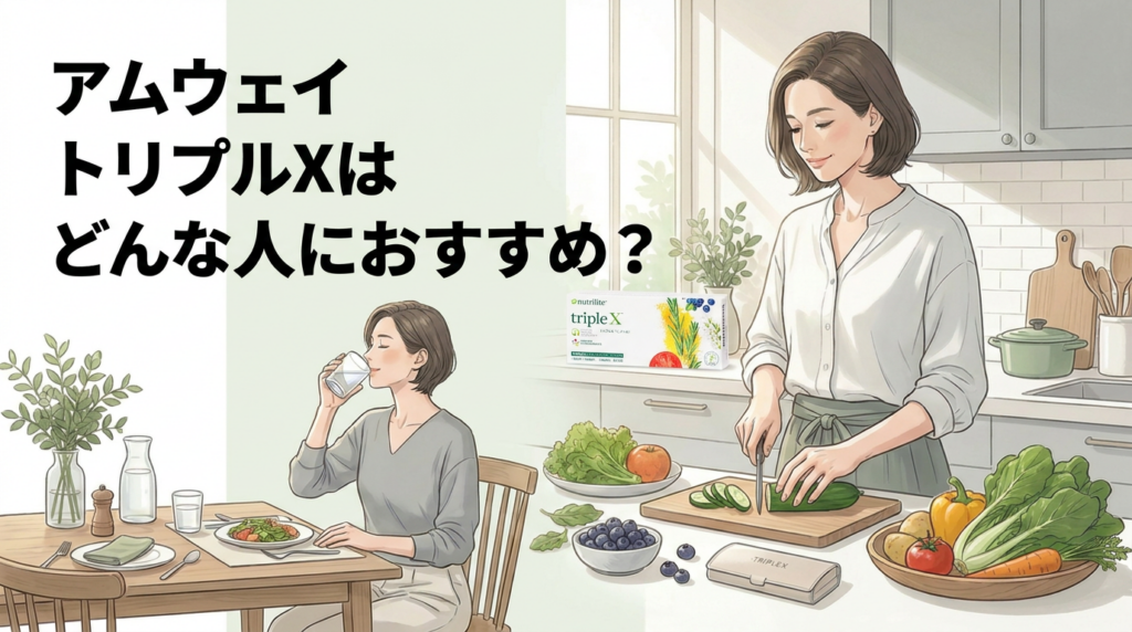 アムウェイ トリプルXがおすすめな人をキッチンで野菜を準備する女性と商品箱で紹介した画像