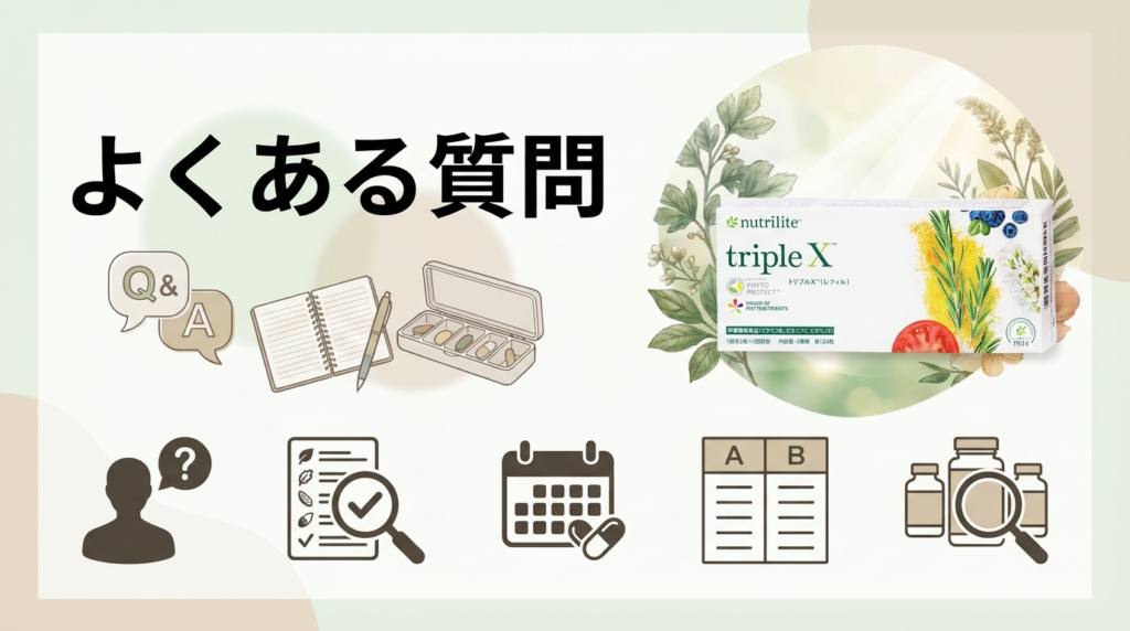 アムウェイ ニュートリライト トリプルXのよくある質問をQ&Aアイコンやカレンダーで示したFAQ画像