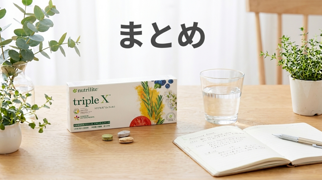 アムウェイ トリプルXの箱、水、ノート、観葉植物を配置したまとめ画像