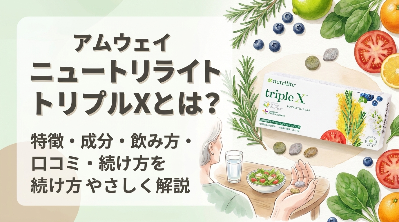 アムウェイ ニュートリライト トリプルXの箱、タブレット、野菜や果物を配置した記事アイキャッチ画像