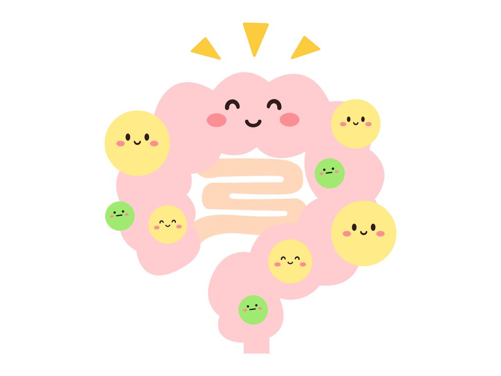 ピンク色の腸のキャラクターを中心に、黄色や緑色の笑顔の丸いキャラクターを周囲に配置したイラスト
