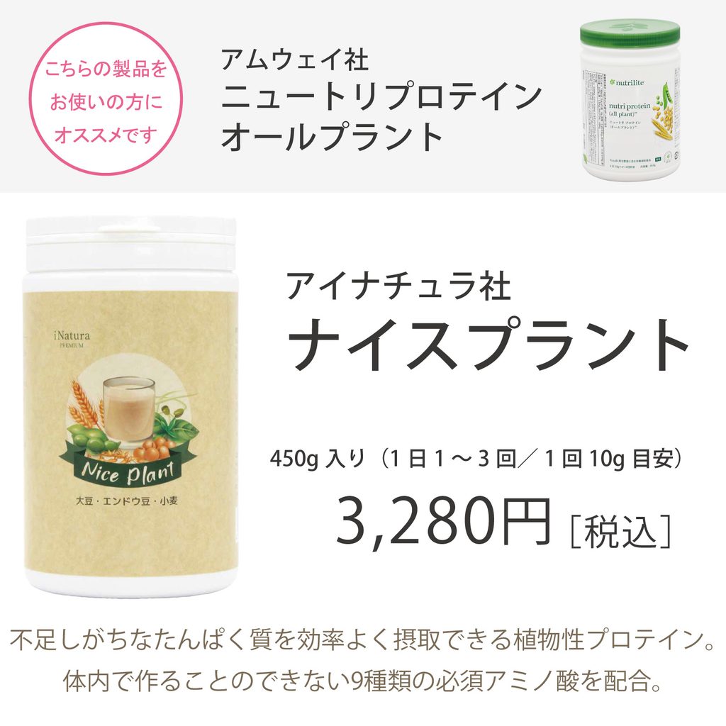 アムウェイ ニュートリプロテイン オールプラントを愛用されている方に向けて、アイナチュラプレミアム ナイスプラント450g・3,280円（税込）を案内するバナー