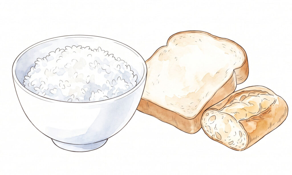 ごはんを盛った茶碗、食パンのイラストを並べ、難消化性でんぷんの特徴を説明