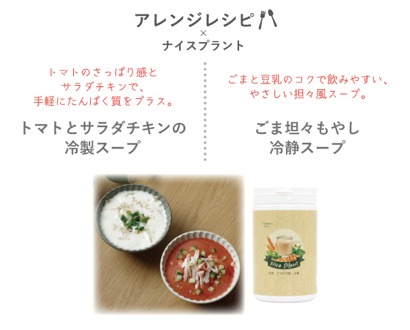 ナイスプラントを使ったトマトとサラダチキンの冷製スープ、ごま担々もやし冷静スープの2種類を、完成写真と商品容器で紹介