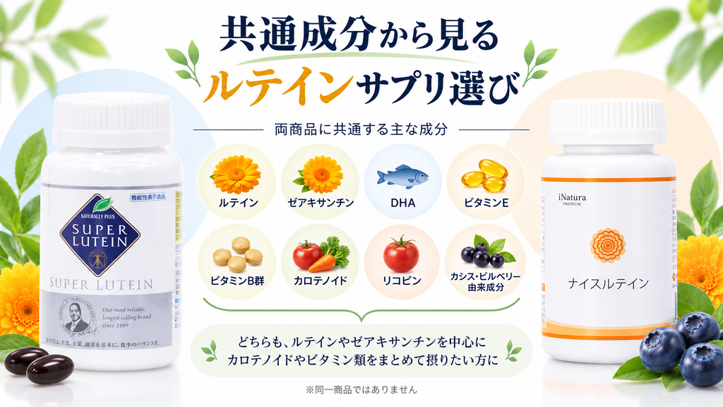 スーパールテインとナイスルテインに共通するルテイン、ゼアキサンチン、DHA、ビタミンE・B群、カロテノイド、リコピンなどの配合成分