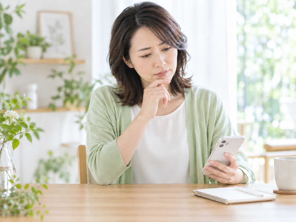 スマートフォンを見ながらスーパー・ルテインの毎月の費用について考える女性