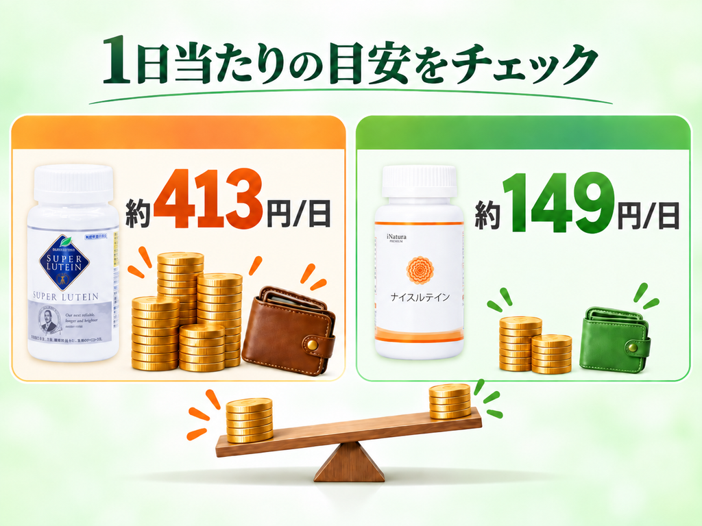 スーパー・ルテインとナイスルテインの価格や1日あたりの費用を確認するイメージ