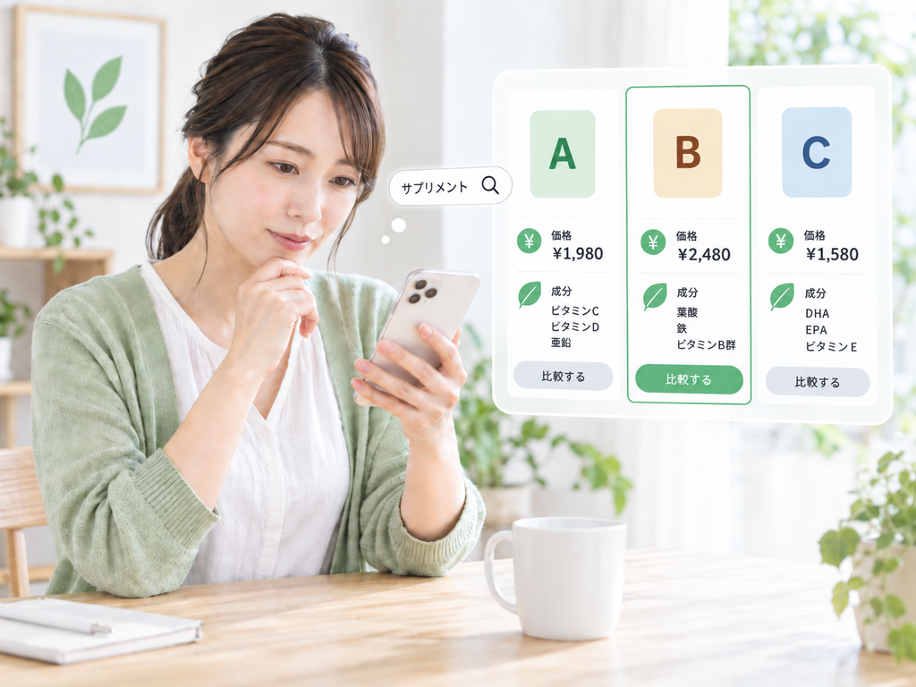 スマートフォンで複数のサプリメントの価格や配合成分を確認し、自分に合う商品を探す女性