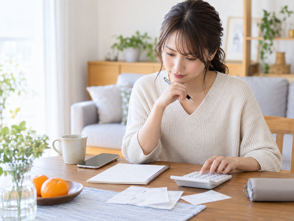 自宅のテーブルで電卓と家計の書類を確認しながら計算する女性