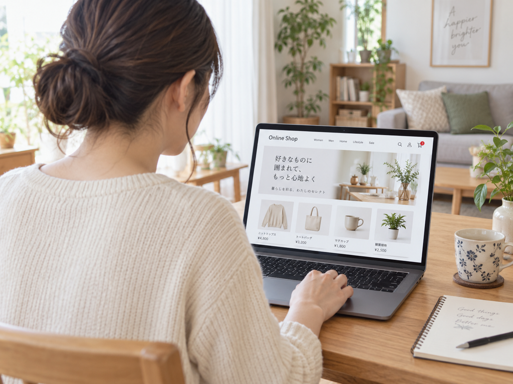 自宅のパソコンでオンラインショップの商品を見ながら買い物をする女性